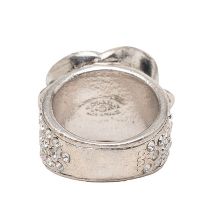 Chanel Camellia CC Logo Flower Ring Silver Black Metal Enamel Line Stone — view 3
