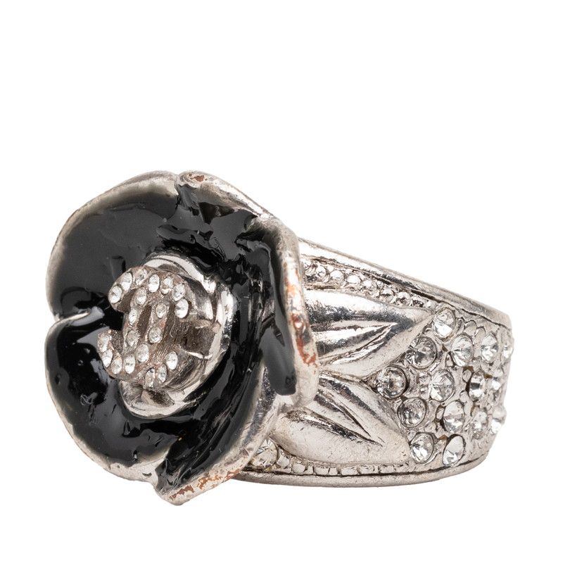Chanel Camellia CC Logo Flower Ring Silver Black Metal Enamel Line Stone — view 2
