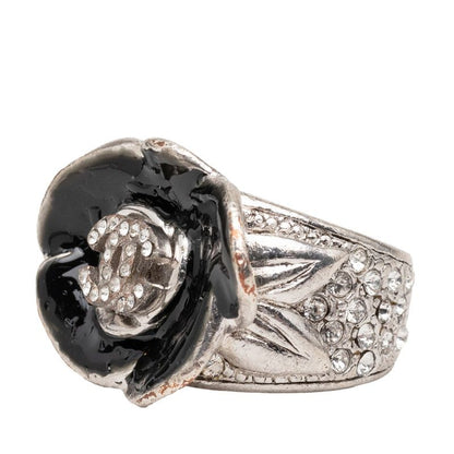 Chanel Camellia CC Logo Flower Ring Silver Black Metal Enamel Line Stone — view 2