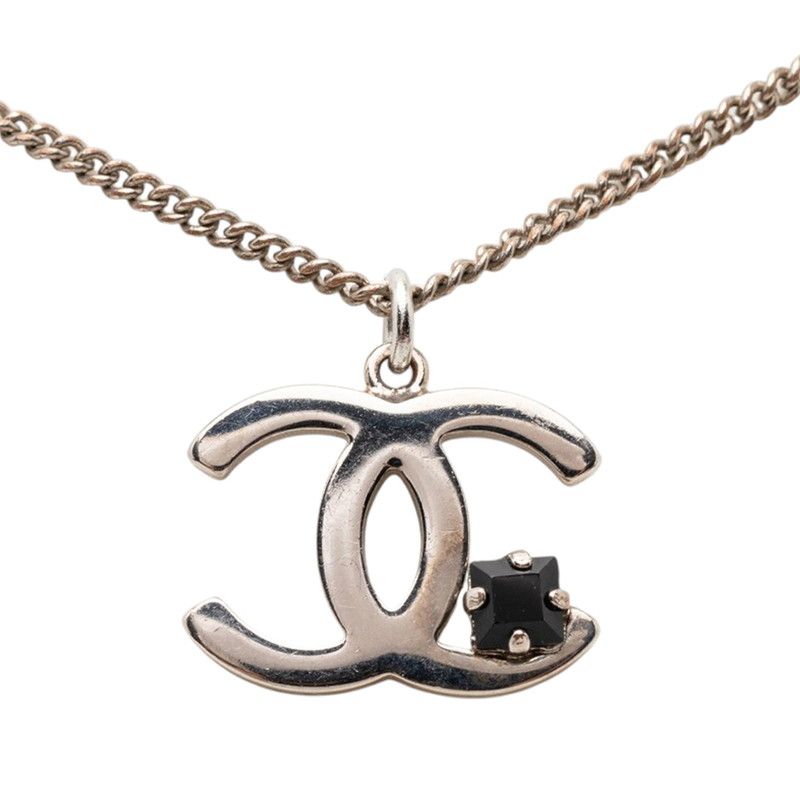 Chanel CC Logo Necklace Silver Black Metal Color Stone