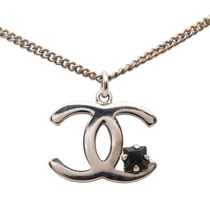 Chanel CC Logo Necklace Silver Black Metal Color Stone