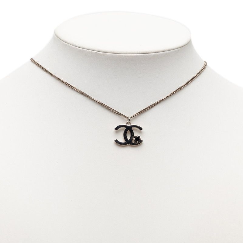 Chanel CC Logo Necklace Silver Black Metal Color Stone — view 6