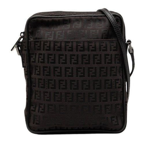 Fendi Zucchino Crossbody Shoulder Bag Black Canvas Leather
