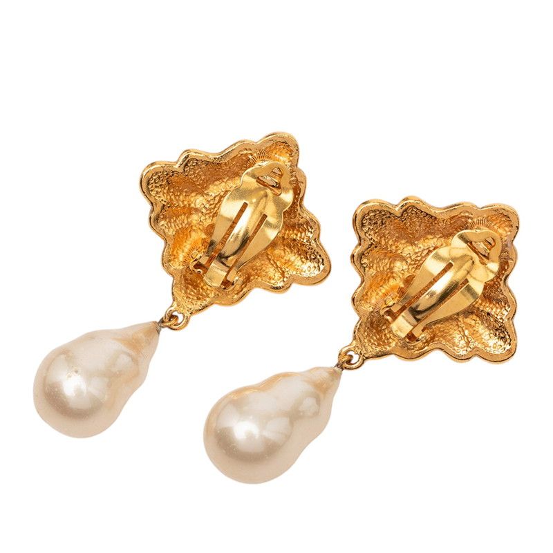 Chanel CC Logo Vintage Diamond Swing Earrings Gold White Plated Faux Pearl — view 2