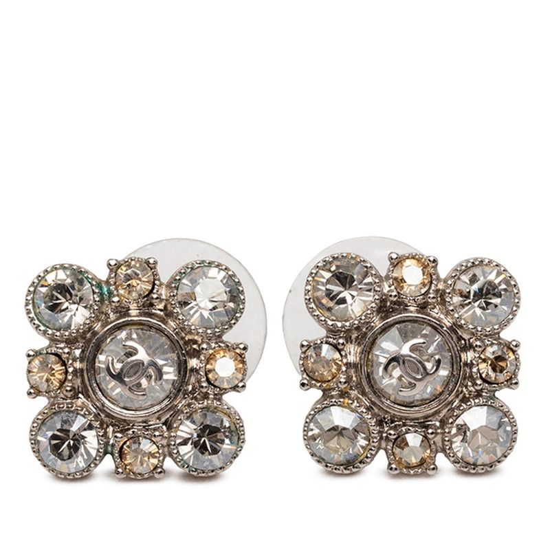Chanel CC Logo Earrings Silver Line Stone Plated