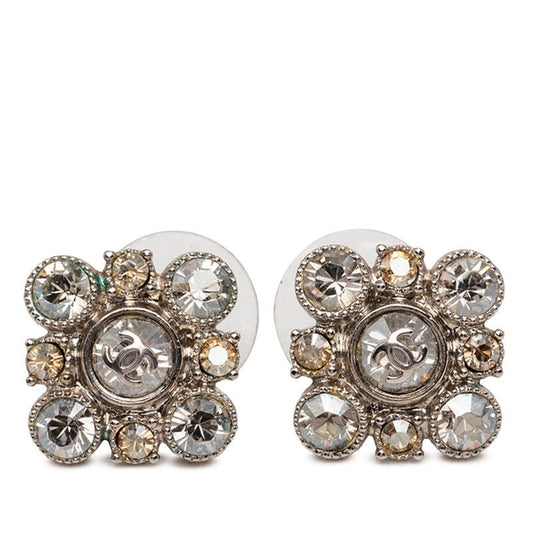 Chanel CC Logo Earrings Silver Line Stone Plated