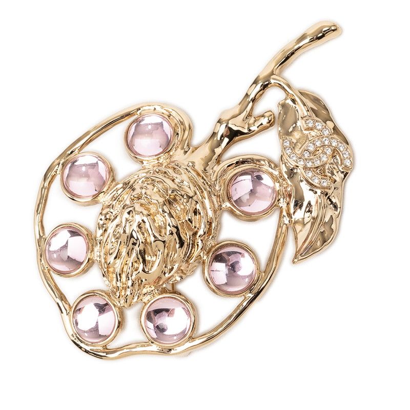 Chanel CC Logo Visual Fruit Motif Brooch Light Purple Gold Plated Line Stone