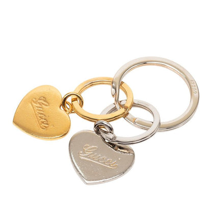 Gucci Logo Double Heart Charm Key Ring Key Holder Gold Silver Metal