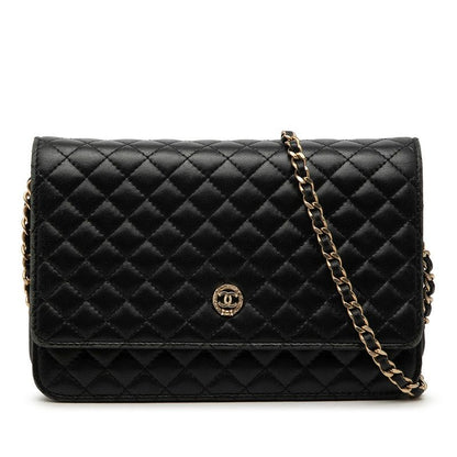 Chanel CC Logo Micro Quilted Chain Wallet Shoulder Bag Black Lambskin