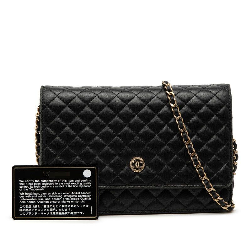 Chanel CC Logo Micro Quilted Chain Wallet Shoulder Bag Black Lambskin — view 7