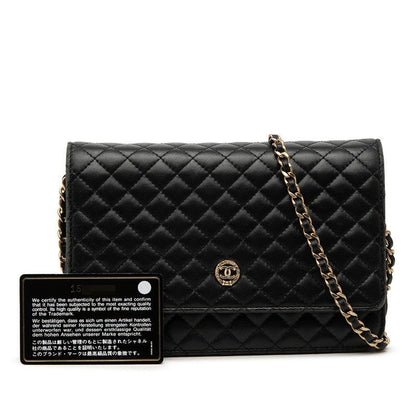 Chanel CC Logo Micro Quilted Chain Wallet Shoulder Bag Black Lambskin — view 7