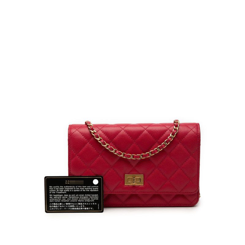 Chanel 2.55 CC Logo Quilted Chain Wallet Shoulder Bag Red Caviar Leather — view 7