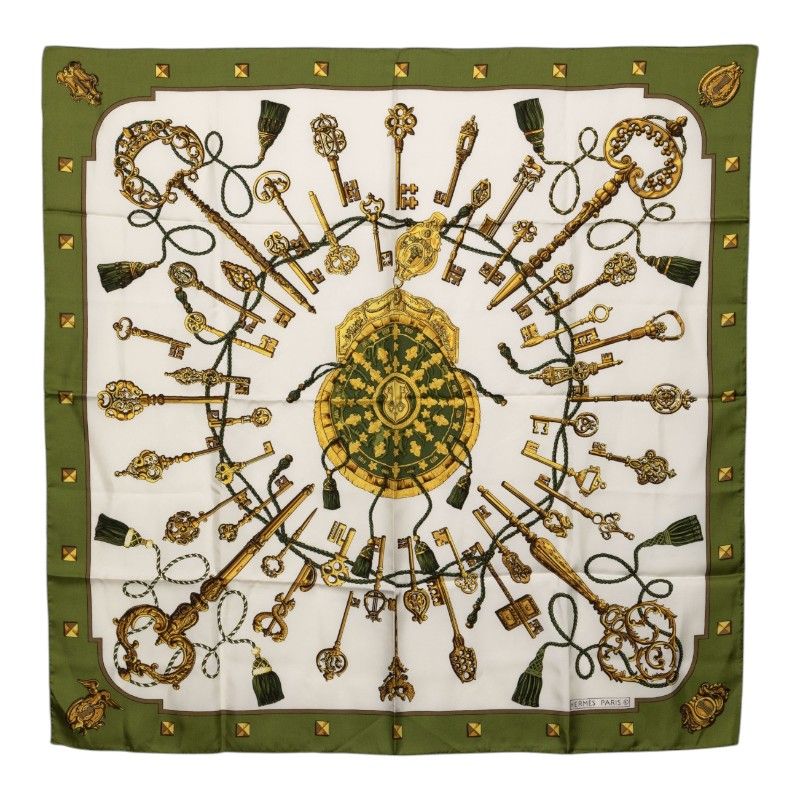 Hermes Carre 90 les Cles the Keys Rare Key Scarf Green Multicolor Silk