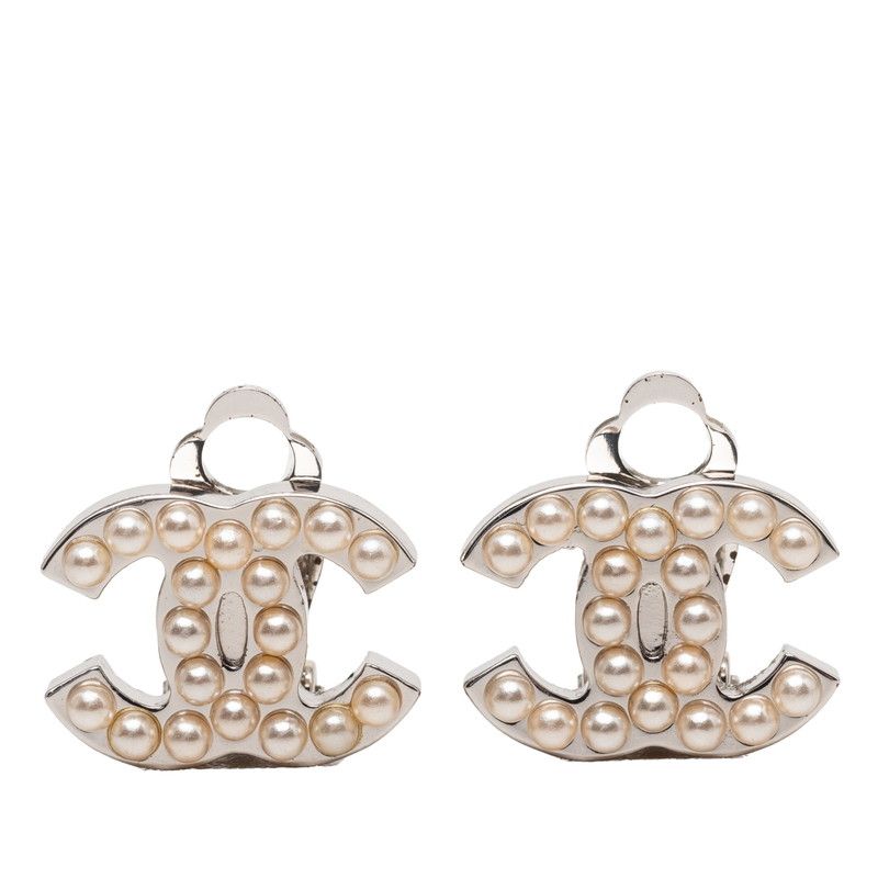 Chanel CC Logo Earrings Silver Metal Faux Pearl