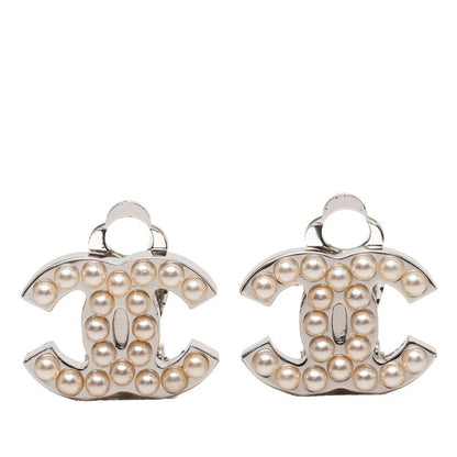 Chanel CC Logo Earrings Silver Metal Faux Pearl