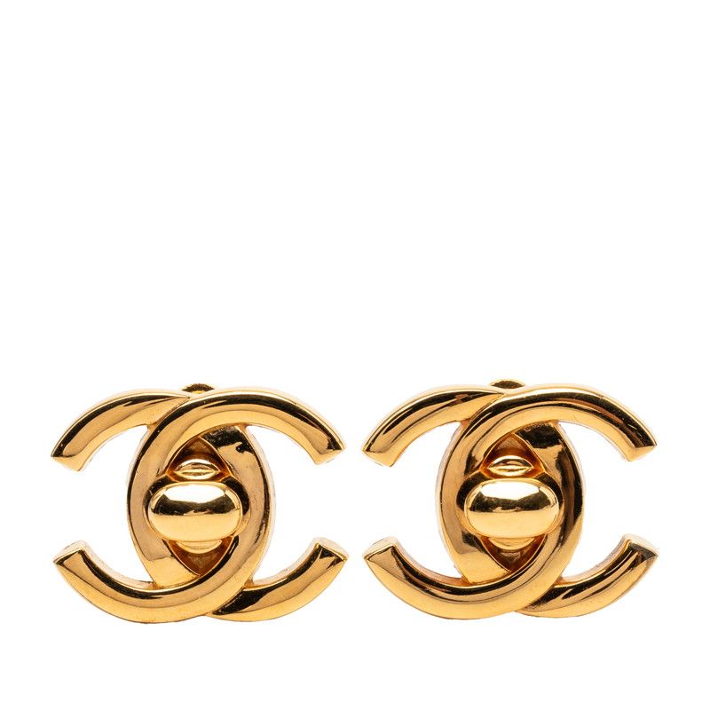 Chanel CC Logo Turnlock Vintage Earrings Gold Plated