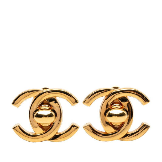 Chanel CC Logo Turnlock Vintage Earrings Gold Plated