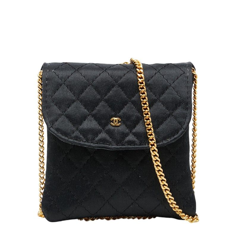 Chanel CC Logo Mini Quilted Chain Shoulder Bag Pouch Black Satin Leather