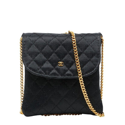 Chanel CC Logo Mini Quilted Chain Shoulder Bag Pouch Black Satin Leather