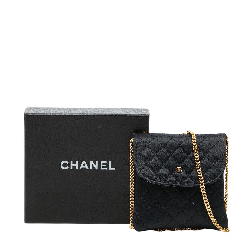 Chanel CC Logo Mini Quilted Chain Shoulder Bag Pouch Black Satin Leather — view 9