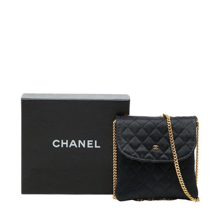 Chanel CC Logo Mini Quilted Chain Shoulder Bag Pouch Black Satin Leather — view 9