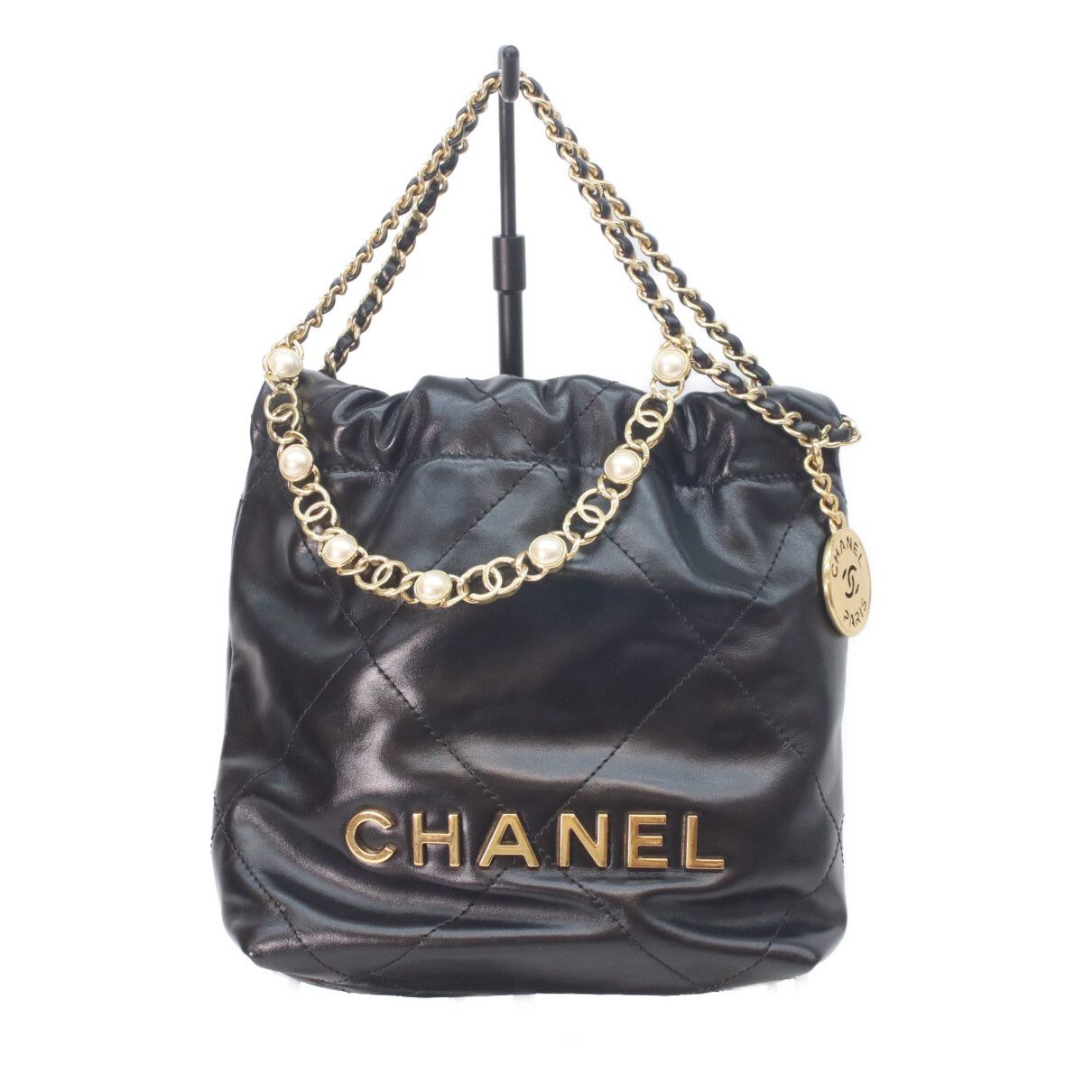 Chanel Black Shiny Calf 22 Mini Pearl Chain Shoulder Bag