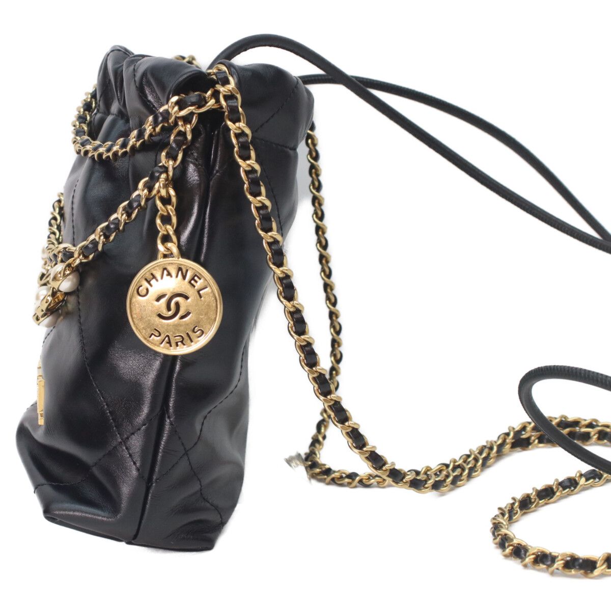 Chanel Black Shiny Calf 22 Mini Pearl Chain Shoulder Bag — view 2