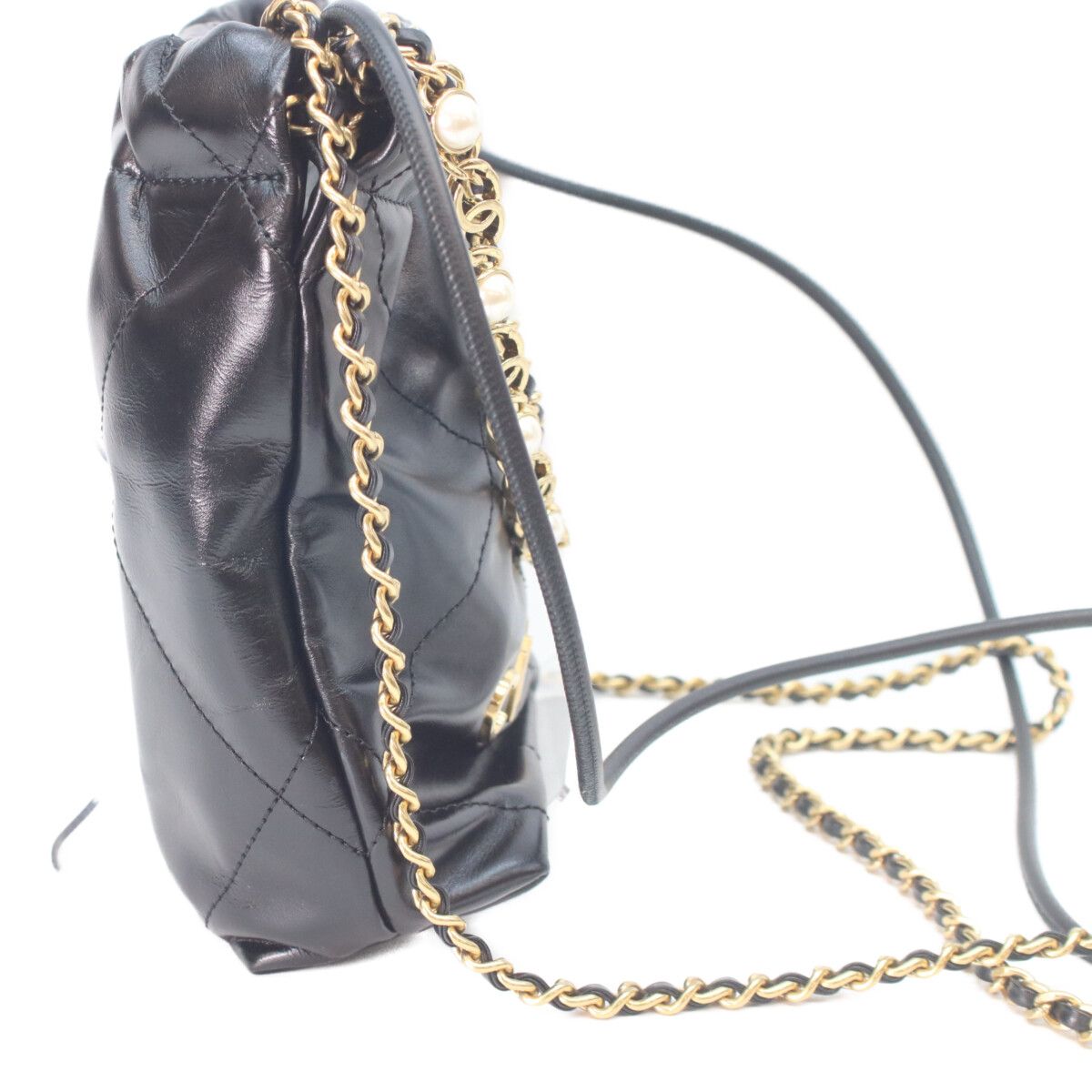 Chanel Black Shiny Calf 22 Mini Pearl Chain Shoulder Bag — view 4