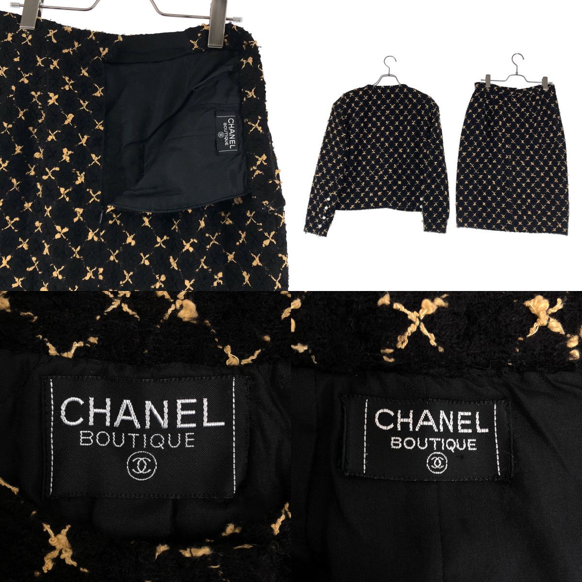 Chanel Tweed Suit Pearl Button Collarless Jacket Skirt Brown — view 8