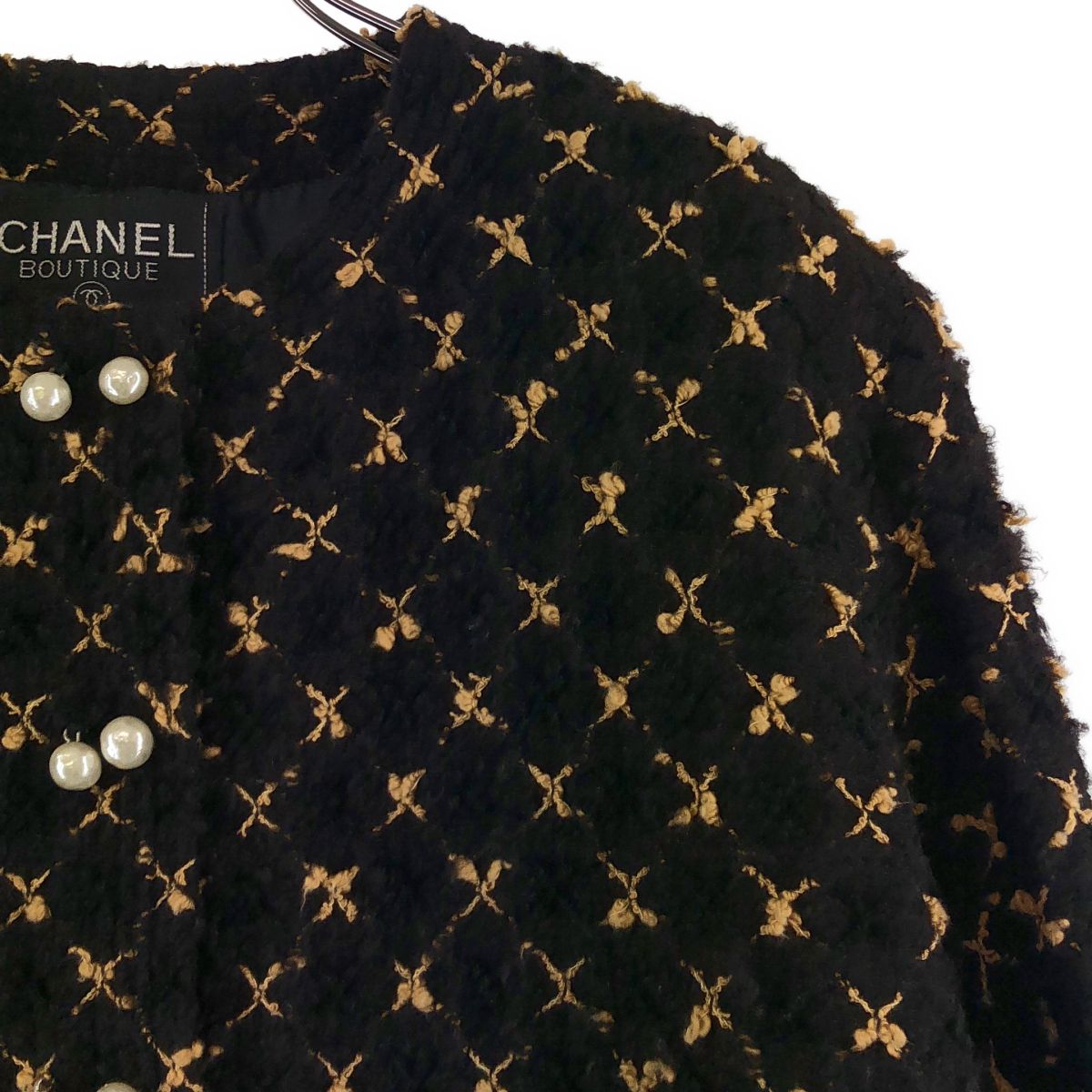 Chanel Tweed Suit Pearl Button Collarless Jacket Skirt Brown — view 3