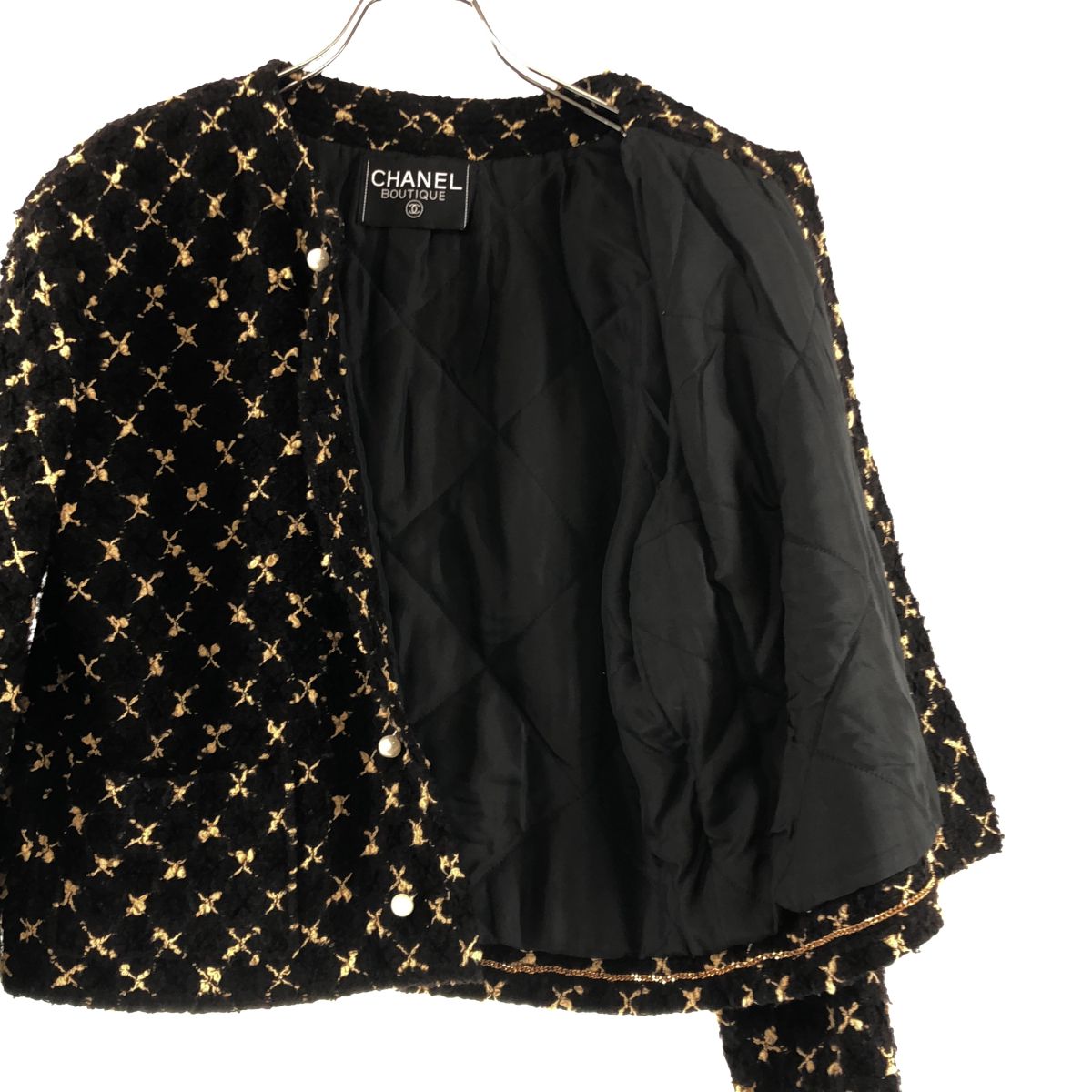 Chanel Tweed Suit Pearl Button Collarless Jacket Skirt Brown — view 2