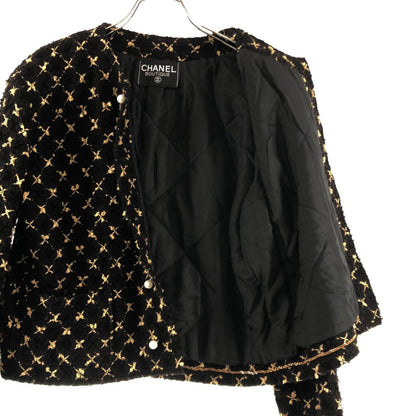 Chanel Tweed Suit Pearl Button Collarless Jacket Skirt Brown — view 2