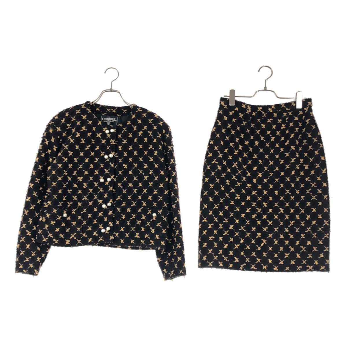 Chanel Tweed Suit Pearl Button Collarless Jacket Skirt Brown