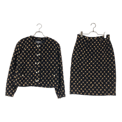 Chanel Tweed Suit Pearl Button Collarless Jacket Skirt Brown