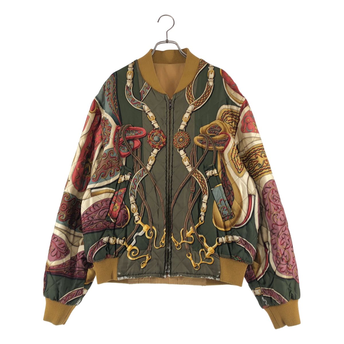 Hermes Vintage Silk All Over Pattern Reversible Jacket 48 Khaki Camel