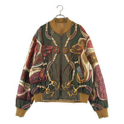 Hermes Vintage Silk All Over Pattern Reversible Jacket 48 Khaki Camel