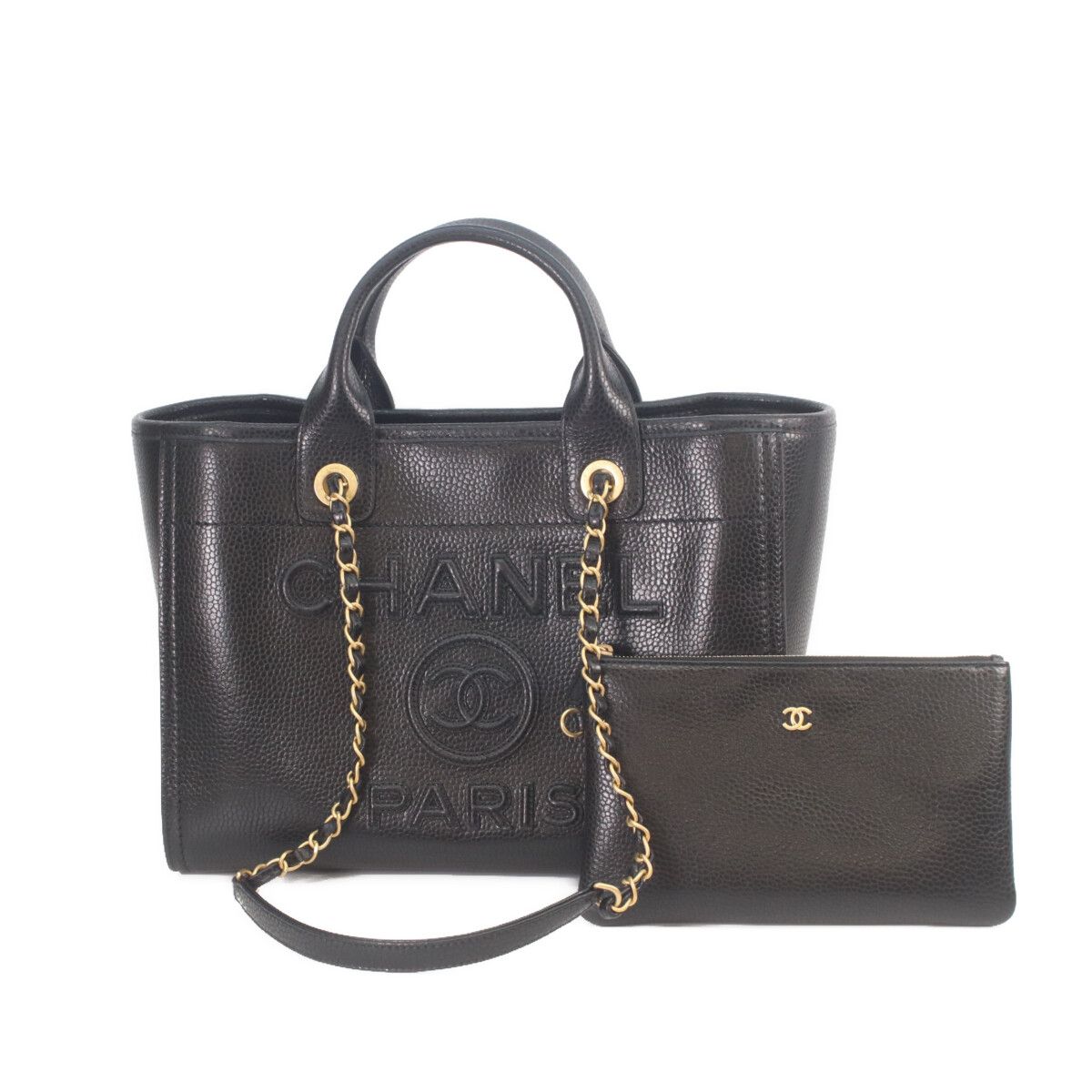 Chanel Black Caviar Leather Deauville Small Shopping Tote