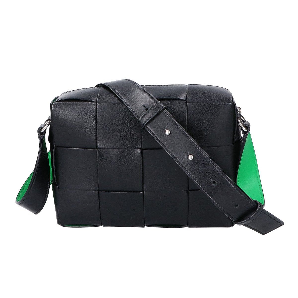 Bottega Veneta Black Green Leather Intrecciato Cassette Camera Bag