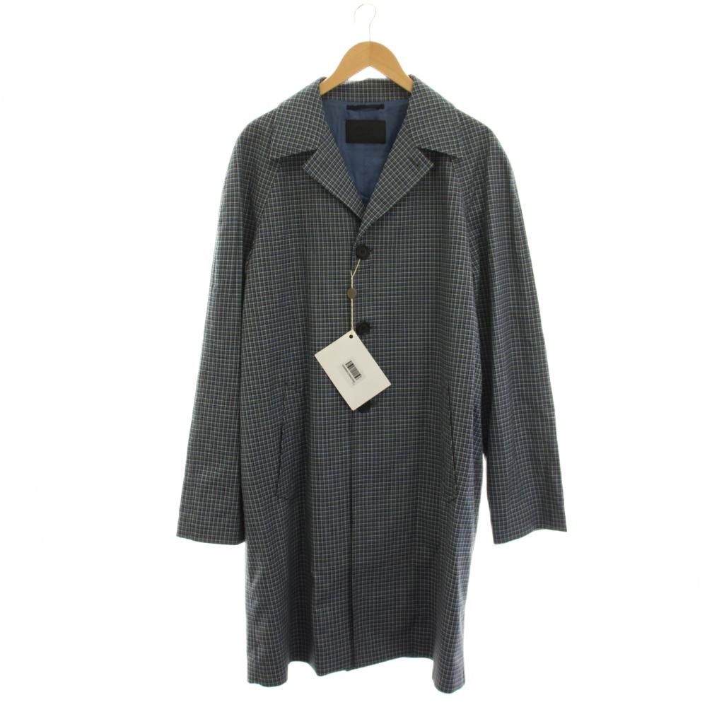 Prada Long Coat Wool 52 Blue Khaki White Check Sleeve YM