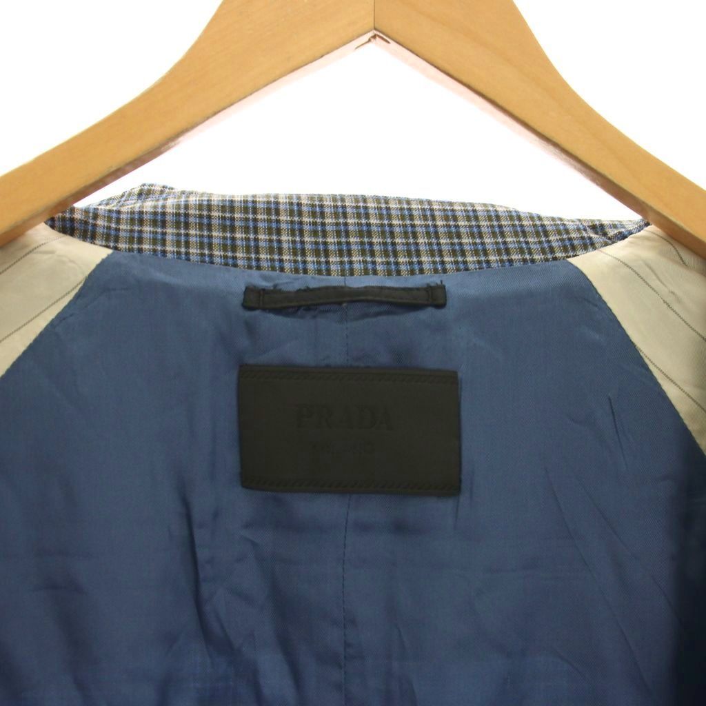 Prada Long Coat Wool 52 Blue Khaki White Check Sleeve YM — view 4