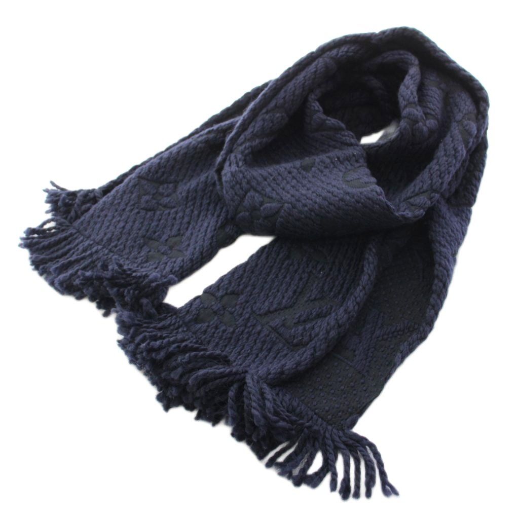 Louis Vuitton Echarpe Logo Mania Blue Nuit Scarf Monogram Fringe Silk Blend