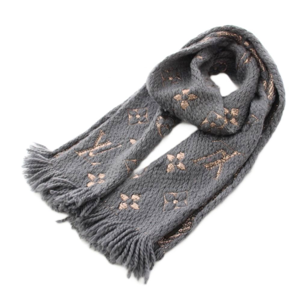 Louis Vuitton Echarpe Logo Mania Shine Scarf Fringe Monogram Silk Blend Gray