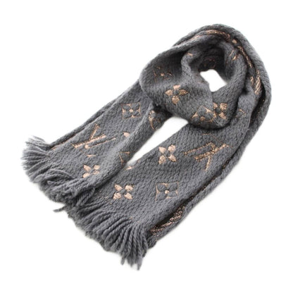 Louis Vuitton Echarpe Logo Mania Shine Scarf Fringe Monogram Silk Blend Gray