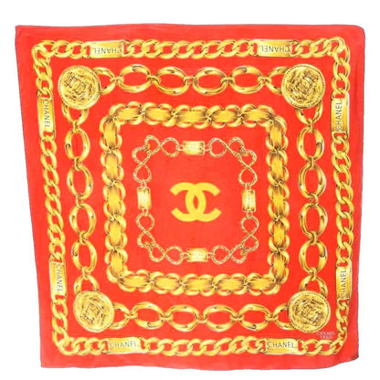 Chanel Scarf Chain Motif CC Logo Silk Red