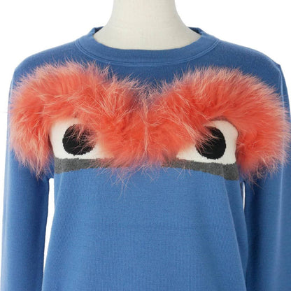 Fendi Monster Star Fur Knit Sweater Crew Neck Wool 40 Blue — view 2