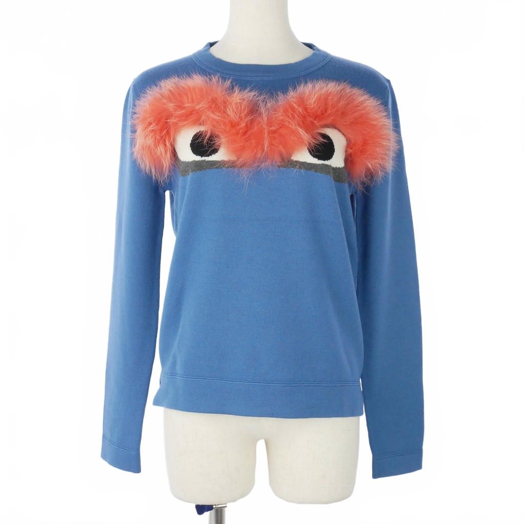 Fendi Monster Star Fur Knit Sweater Crew Neck Wool 40 Blue
