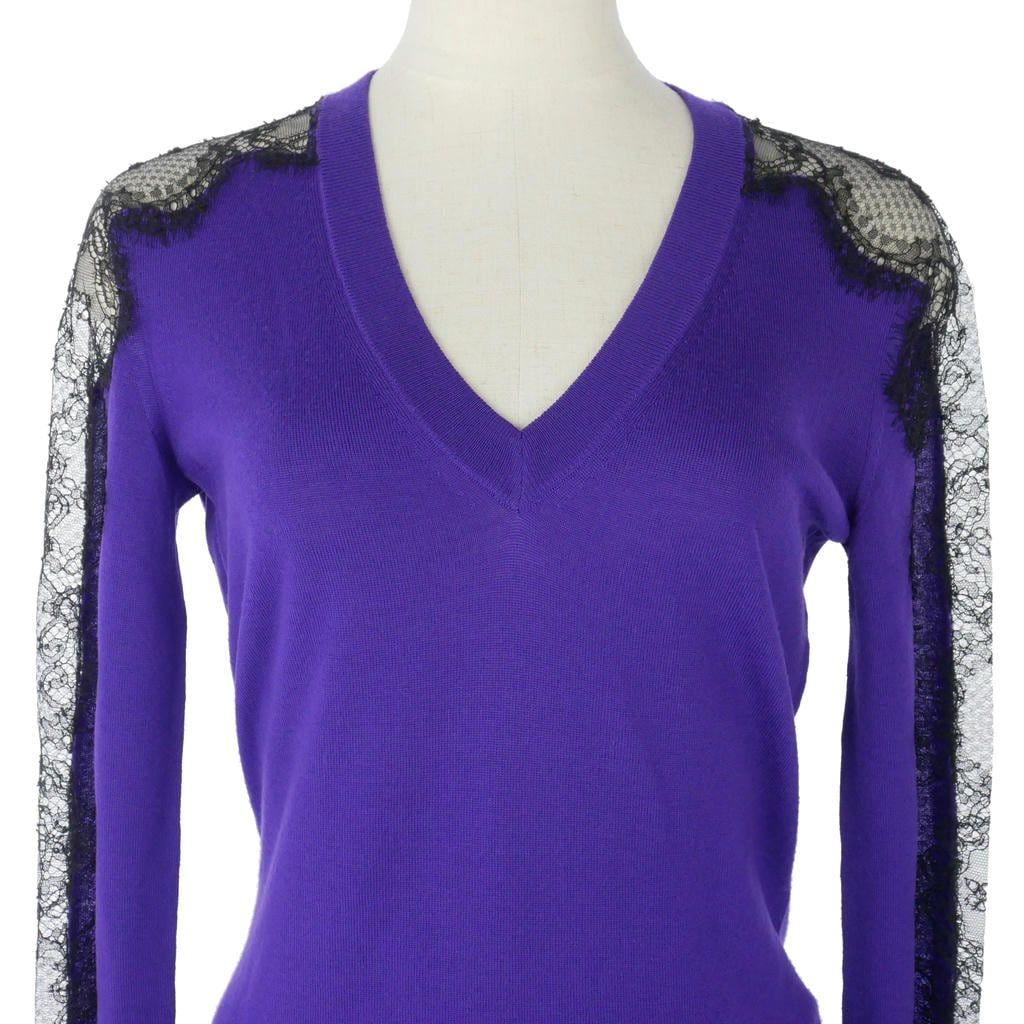 Dolce & Gabbana Lace Contrast Knit Sweater Long Sleeve Neck Wool 40 Purple — view 2