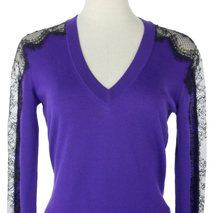 Dolce & Gabbana Lace Contrast Knit Sweater Long Sleeve Neck Wool 40 Purple — view 2