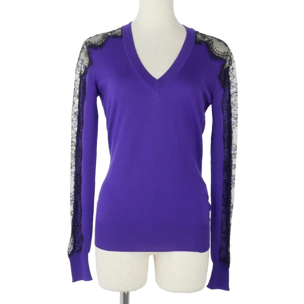 Dolce & Gabbana Lace Contrast Knit Sweater Long Sleeve Neck Wool 40 Purple