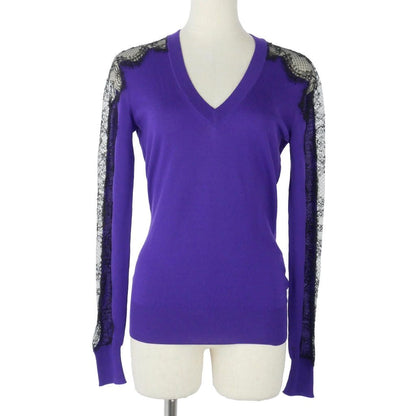 Dolce & Gabbana Lace Contrast Knit Sweater Long Sleeve Neck Wool 40 Purple